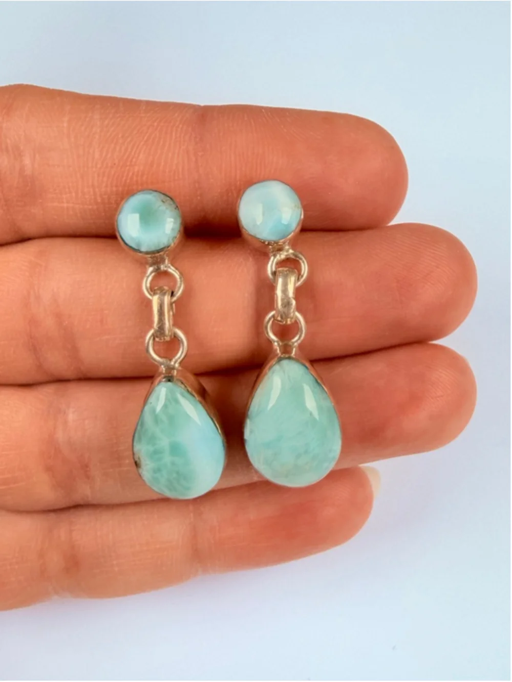 Natural 16.6 CT Larimar Caribbean Blue Sterling Silver 925 Dangle Earrings 1.3" - Picture 2 of 9